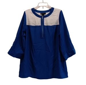 Lane Bryant Blue And White Academia Long Sleeve Zip Front Blouse Shirt Size 20